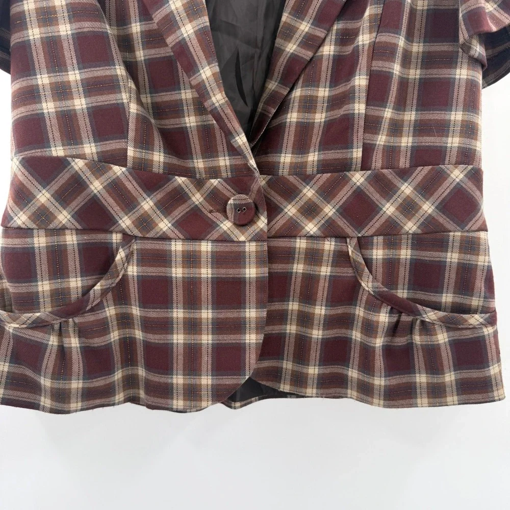 Stooshy Womens Plaid Y2K Short Sleeve Blazer Burgundy Brown Metallic Gold Large - Picture 6 of 12